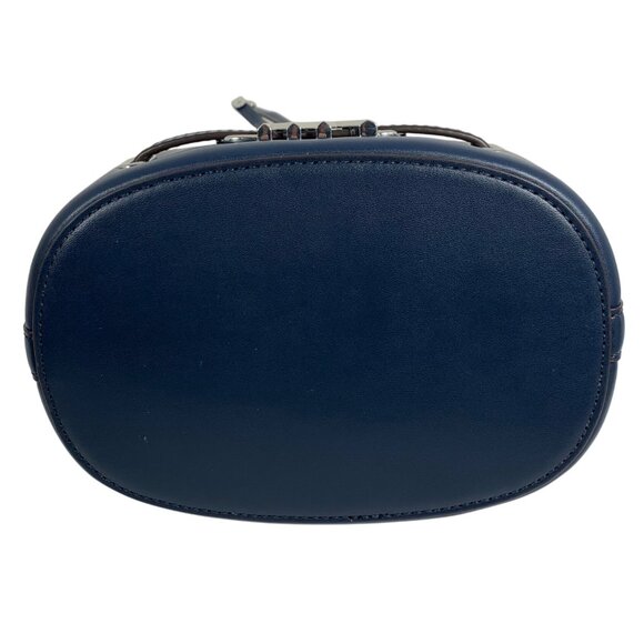 MICHAEL KORS Reed Belted Bucket Messenger Bag Navy/White Checkered Leather + Fob - Picture 5 of 10